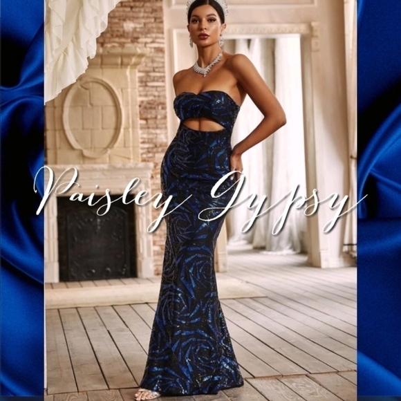 PREMIUM BRAND AND QUALITY GEOMETRIC SEQUINED STRAPLESS MERMAID MAXI DRESS - Picture 2 of 16